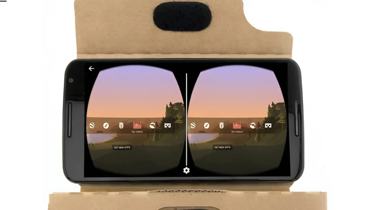 A cardboard VR headset, designed for immersive virtual reality experiences using a smartphone.