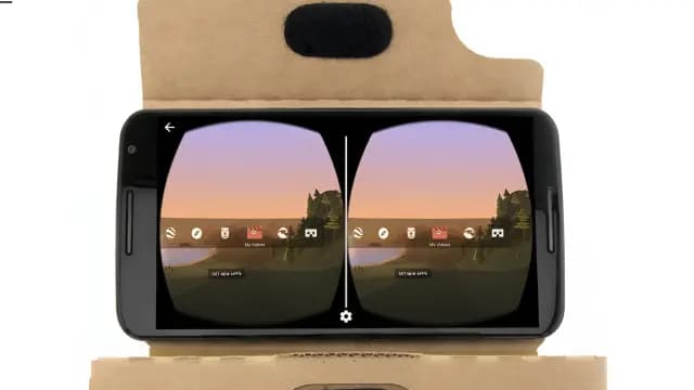 A cardboard VR headset, designed for immersive virtual reality experiences using a smartphone.